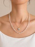 (Mary) Round Pastel Seed Long Bead Necklace with Blue Floral Pendent
