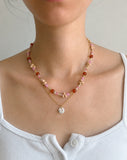 (Ruth) Gold and Light Blush, Red Seed Bead Necklace with Porcelain Pendant