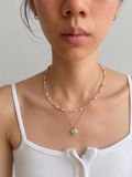 (Kiki) Orange, Gold and Light Blush Seed Bead Necklace with Ceramic Pendant