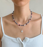 (Tammy)Blue Seed Beads with Fresh Water Pearls with Porcelain Pendant