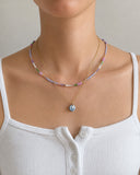 (Gayle) Light Blue Purple, Gold and Light Blue Seed Bead Necklace with Ceramic Pendant