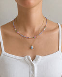 (Gayle) Light Blue Purple, Gold and Light Blue Seed Bead Necklace with Ceramic Pendant