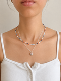 (Karyl) Silver and Orange Seed Bead Necklace with Blush Ceramic Pendant