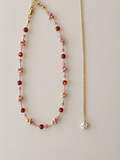 (Ruth) Gold and Light Blush, Red Seed Bead Necklace with Porcelain Pendant