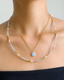 (Taylor ) Light Blue, Gold and Light Blue Seed Bead Necklace with Porcelain Pendant