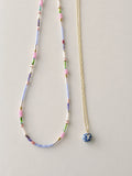 (Gayle) Light Blue Purple, Gold and Light Blue Seed Bead Necklace with Ceramic Pendant