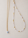 (Taylor ) Light Blue, Gold and Light Blue Seed Bead Necklace with Porcelain Pendant
