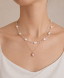 (Brooke) Fresh Water Pearls Beaded Dusty Blue Beaded Necklace with Peachy Pink Pendant Set