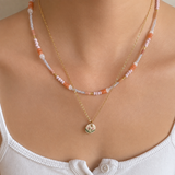 (Kiki) Orange, Gold and Light Blush Seed Bead Necklace with Ceramic Pendant